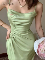 JulyPalette Green Satin Spaghetti Strap Dress Sexy Women Backless Slim Waist Bodycon Dresses 2022 Summer Ladies Party Dress