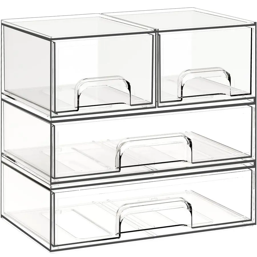 

Stackable Storage Drawers, 4 Pack Clear Plastic Makeup amp Bathroom Organizer, Versatile Storage Bins for Vanity, Under Sink, Ki