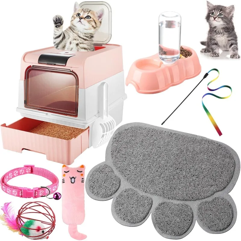 

7 Pcs Small Cat Kitten Starter Kit Cat Litter Box with Shovel Paw Litter Mat Double Automatic Bowls Cat Toy Teaser Stick