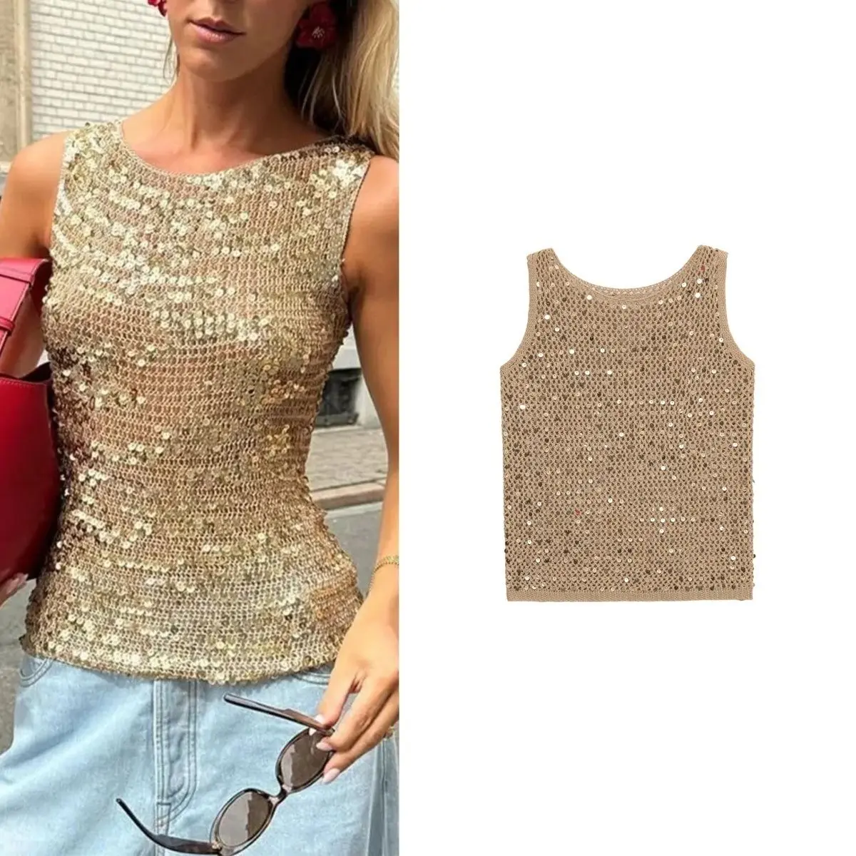 Women Summer Sequined Sleeveless Tank Tops Sparkling Bottoming O-Neck Clubwear Tops  New Cocktail Party Solid Vest Camisoles