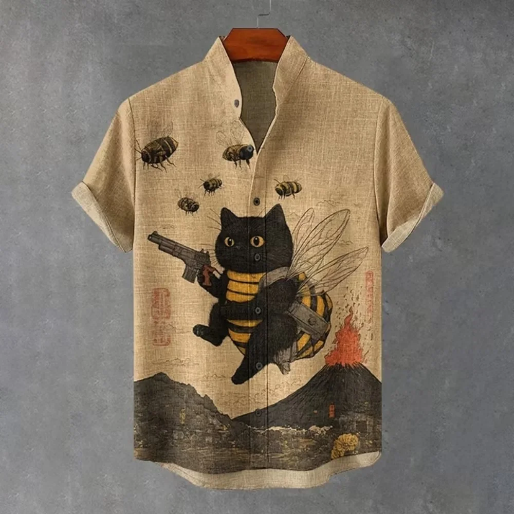 

Retro Ukiyo-e Mount Fuji Volcano Bee Cat Holding Pistol Print Men Linen Shirt Funny Animal Graphic Short Sleeve Casual Shirts