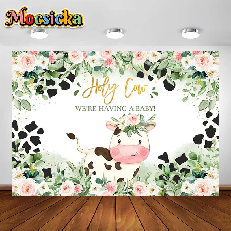 

Mocsicka Newborn Party Decoration Background Little Cow Flowers Leaves Birth Party Banner Baby Shower Portrait Photo Backdrop