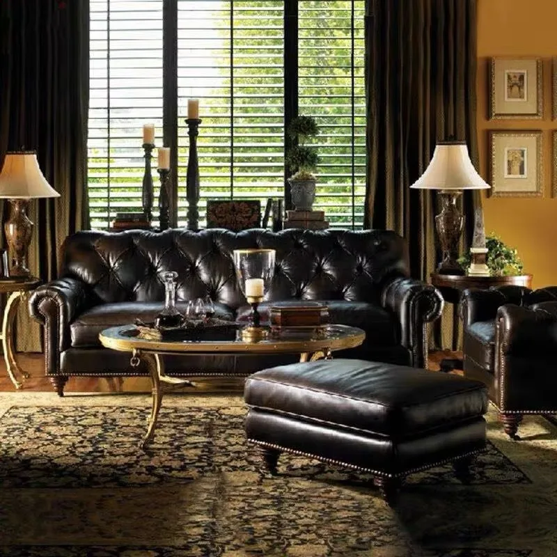American Retro Distressed Wood Square Sofa with Oil Wax Finish Three Seat European-Style Tufted Luxurious Quality