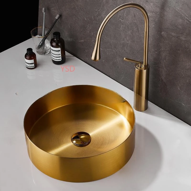 304 Stainless Steel Round Countertop Wash Basin | Light Luxury Gold for KTV Hotel Bathroom