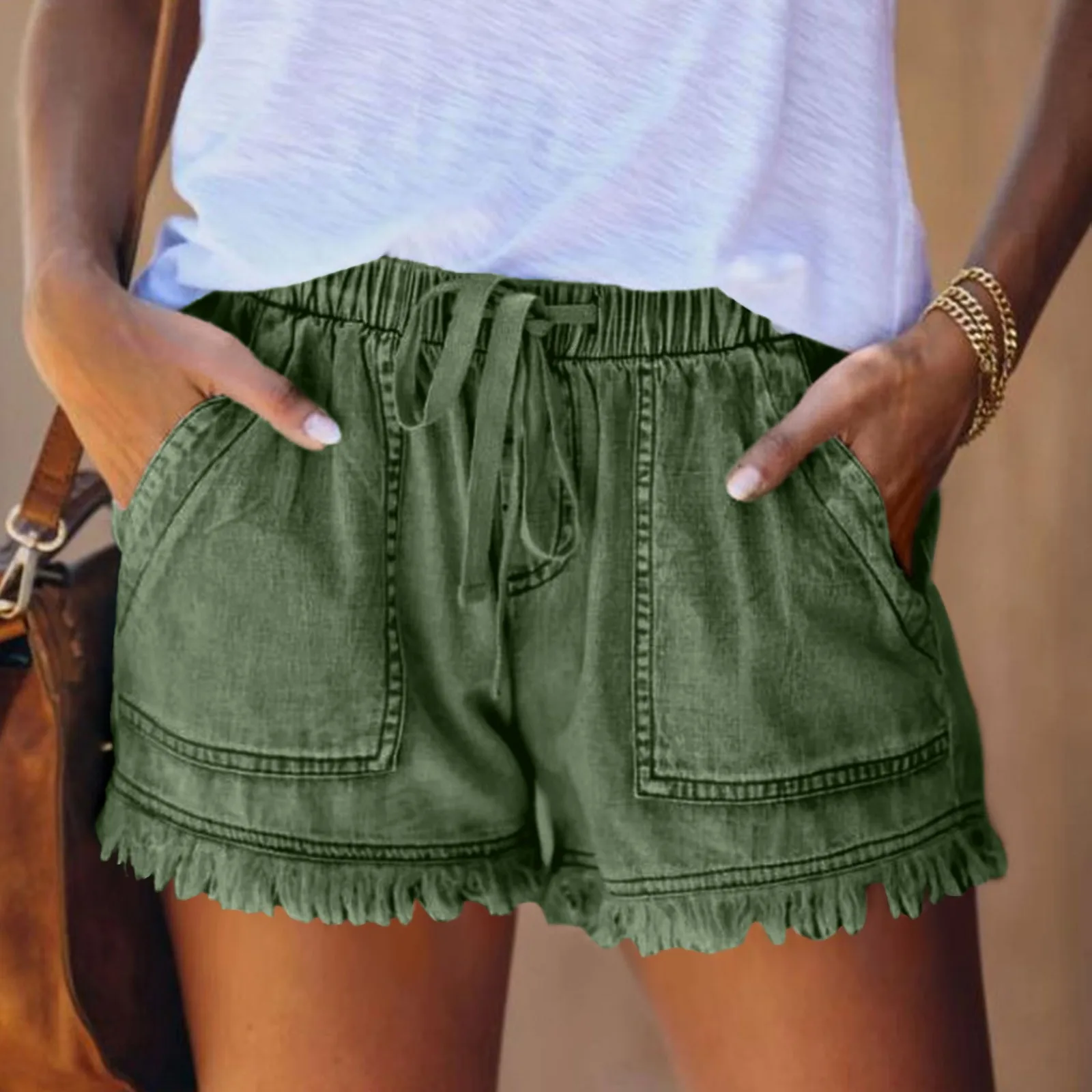 

Women Tide Tassels Hem Jeans Shorts Solid COlor High Waist Drawstring Pockets Casual Denim Short Pants Summer Streetwear Bottoms