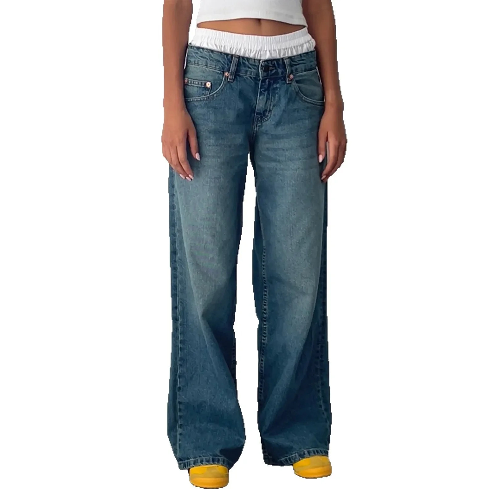 ارتفاع الخصر مستقيم الساق المرأة الجينز الرجعية الأمريكية غسلها الدينيم السراويل الخريف الشارع نمط واسعة الساق السراويل للنساء #3