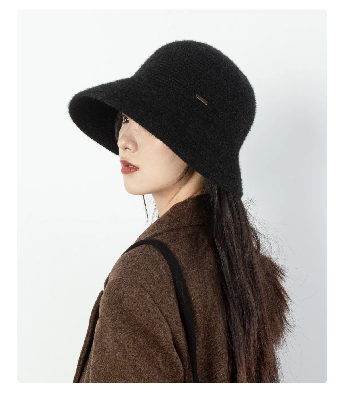M/L Übergroße Feingestrickte Woll-Bucket-Hüte für Damen Vorne Lang Hinten Kurz Beckenhut Herbst Winter Warm Freizeit Fischerhut – Detail 9