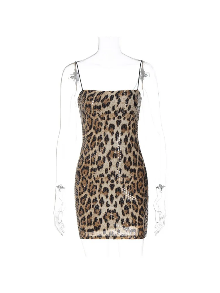 2024New Leopard Print Street Style Nightclub Easy Matching Sling Beaded Dress Sexy Hot Sale Fashion Women's Wear