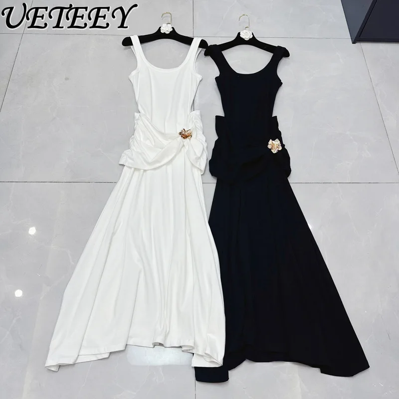 

Niche New Gold Flower Buckle Vest Dress Summer Slim-fit Elastic Long Dress High-waist Slim-fit Black White Floor-mopping Dresses