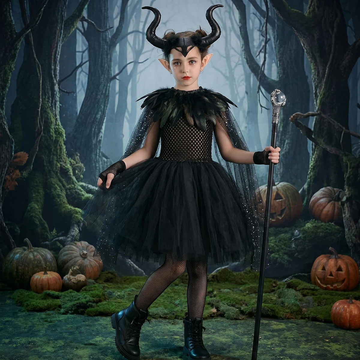 Little Girls Dark Evil Queen Fairy Halloween Costume Fancy Cosplay Party Black Witch Dress Set with Horns Feather Cape Shawl
