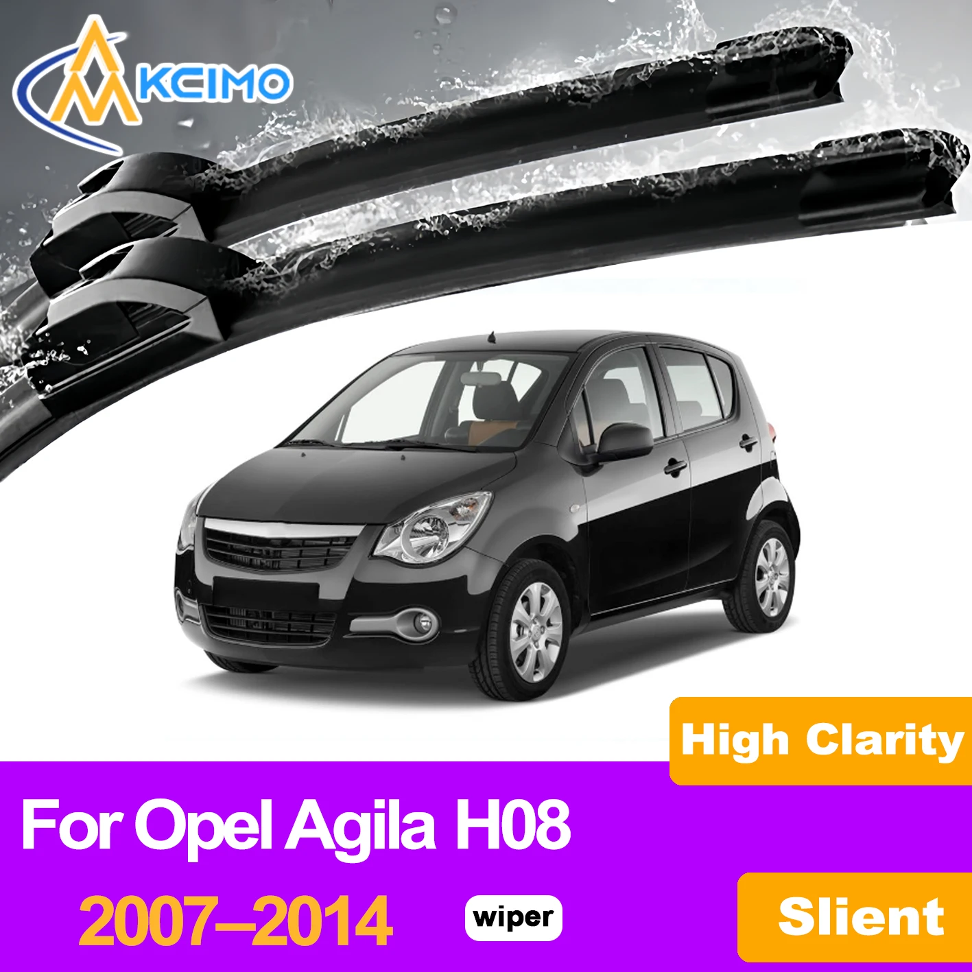 

KCIMO 2PCS Front Windshield Wiper Blades For Opel Agila H08 2007–2014, Natural Rubber No Noise HD Clear Driving View Wipers
