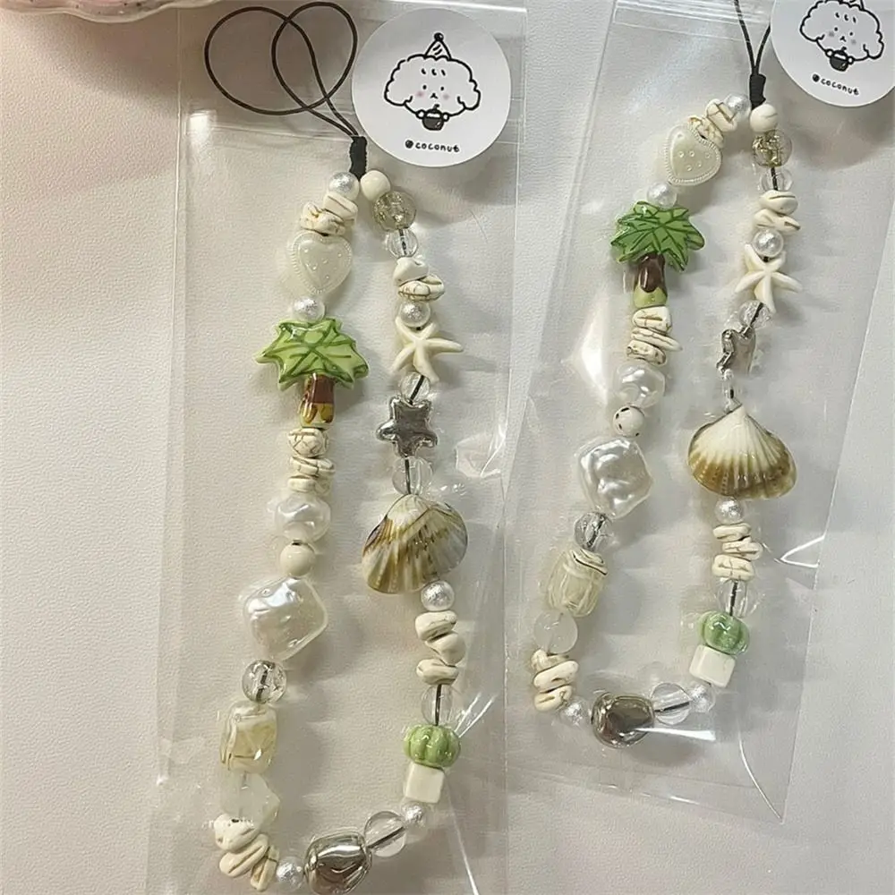 

Beach Starfish Coconut Phone Chain Acrylic Beaded Phone Charm Beaded Phone Strap Anti-Lost Coconut Tree Smartphone Lanyard