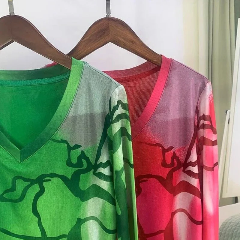 

Пуловер из сетчатой пряжи с длинным рукавом и v-образным вырезом, летняя рубашка в китайском стиле с принтом тай-дай, тонкие футболки, женская одежда, футболка