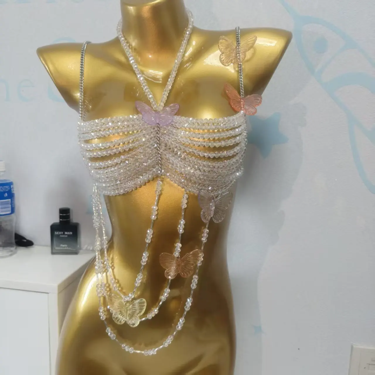 Modisches handgefertigtes Perlen-Schmetterlings-Brustketten-Tanktop für Damen – sexy Körperkette für Sommer, Strand, Musikfestival und Party