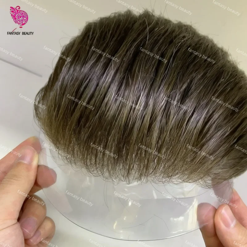 100% شعر بشري هندي شعر مستعار للرجال بني كستنائي مع 10% شعر رمادي 0.02-0.03 مللي متر جلد رقيق للغاية PU شعر بني فاتح شعر مستعار للرجال #1