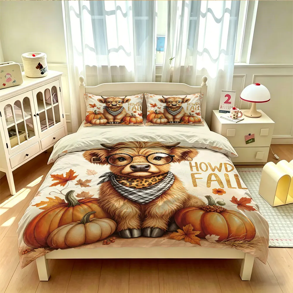 3pcs(1 duvet cover + 2 pillowcases, coreless)featuring a calf wearing glasses and pumpkin and maple leaf designs. multiple si