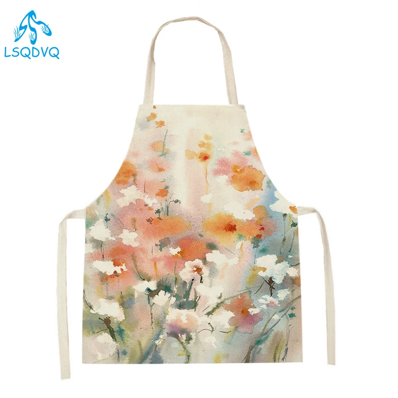 Flowers Print Kitchen Aprons Women Pinafore Child Apron Household Cleaning Supplies Cooking Baking Linen Sleeveless Bibs