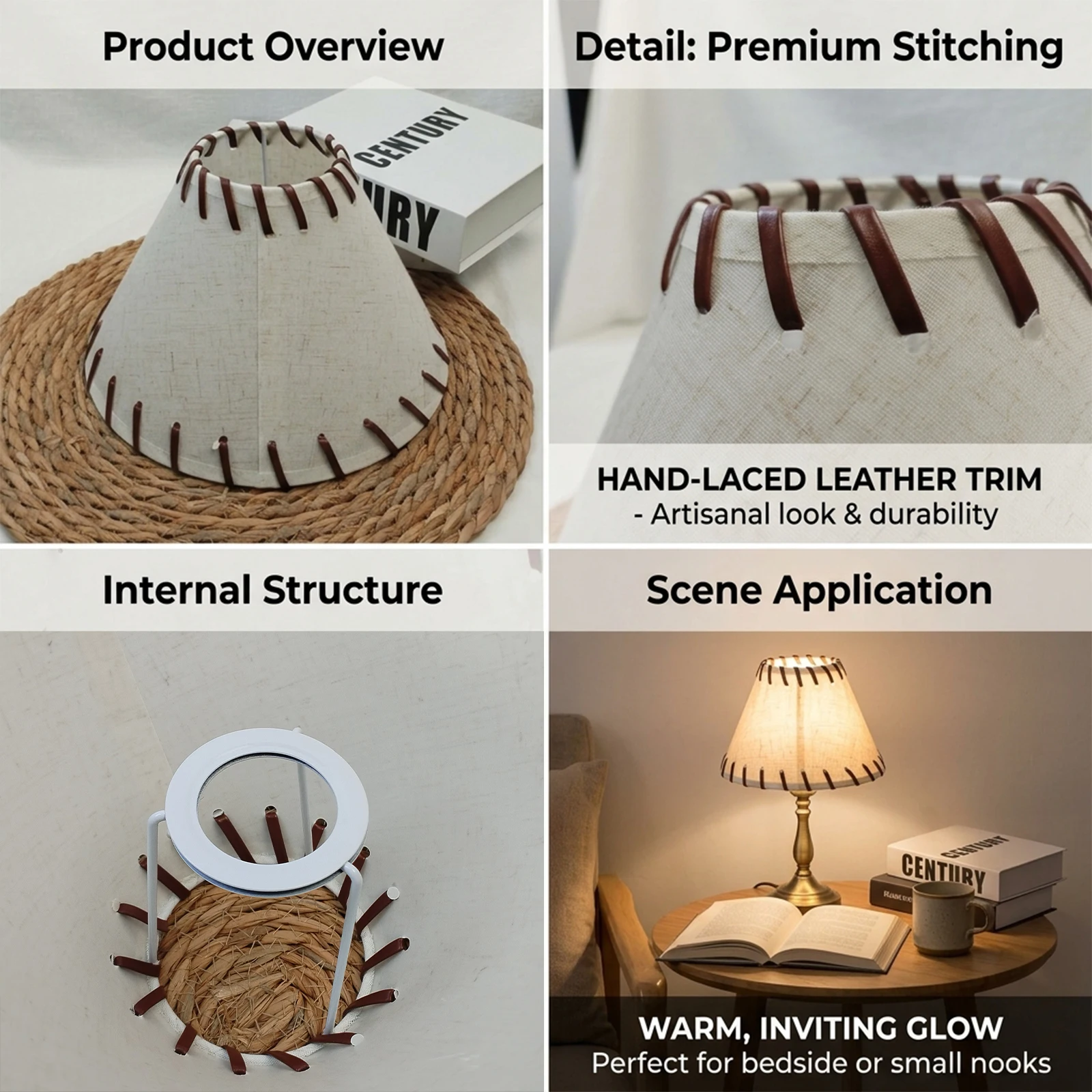Leather Lace Trim Lampshade Linen Fabric Cone Shade Cream for Table Lamp Wall Lamp Bedroom Decor