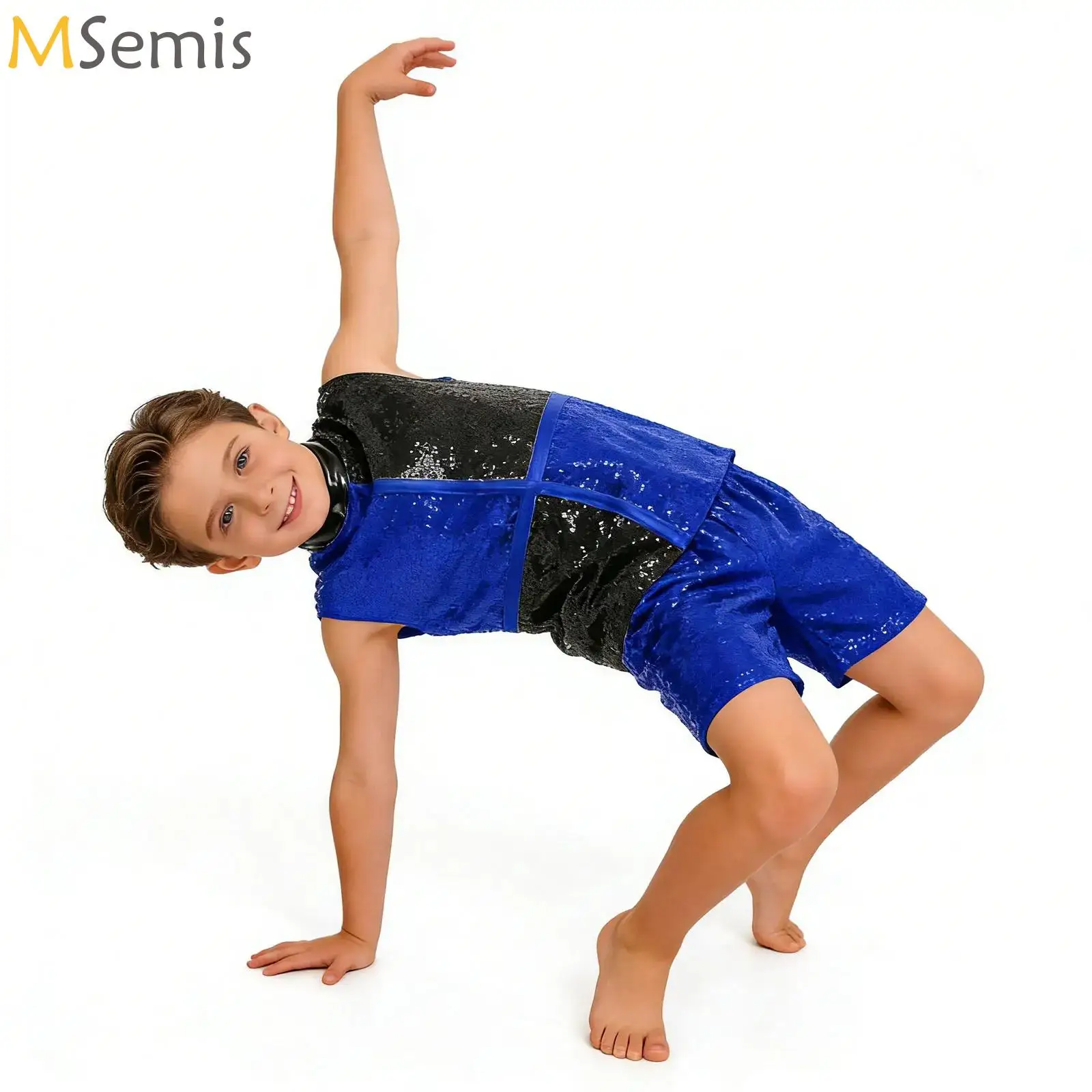 

Boys Girls Jazz Hip Hop Dance Performance Outfit Sequins Color Block Top with Short Pants Kids School Show Party Cheerleading