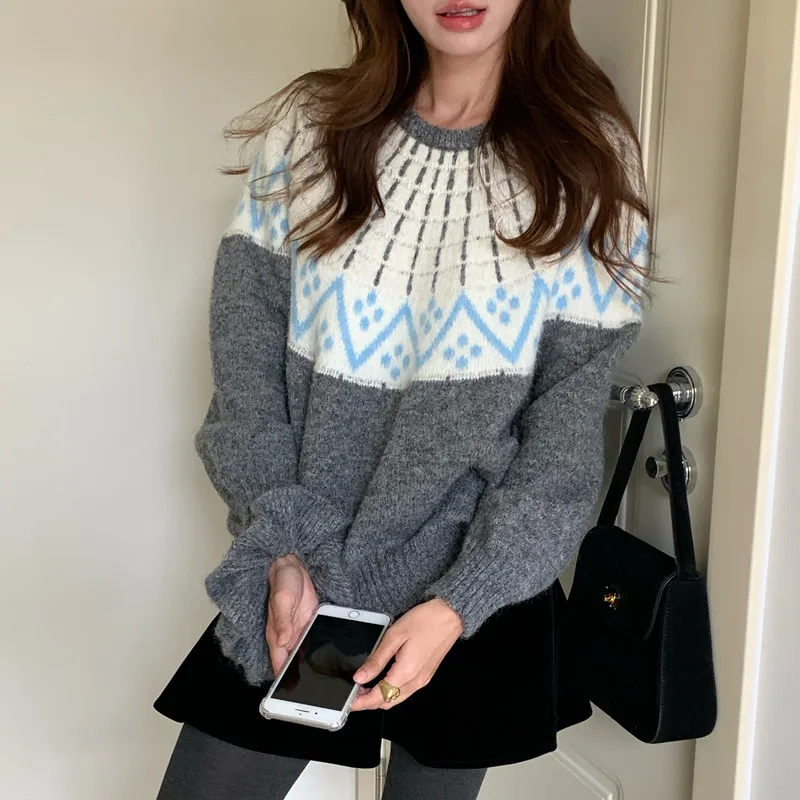 

Sweet Cute Patchwork Jacquard Sweater Women's Knitted Pullover O-neck Loose Ruffled Sleeve Knitwear Top Autumn Women's Clothes