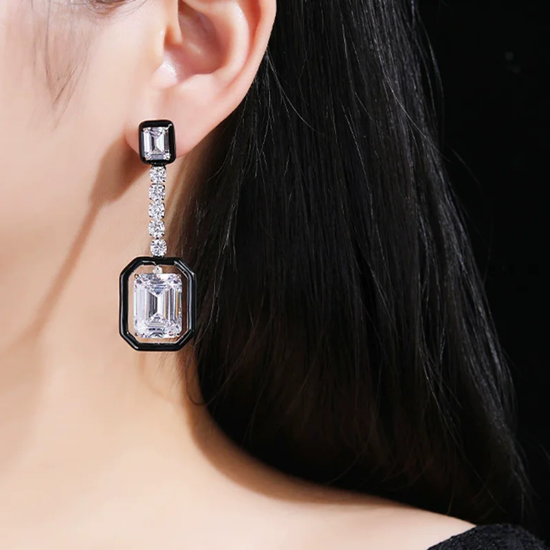 KQDANCE Big 925 Silver Simple Black Enamel Asscher Cut Rectangle White High Carbon Diamond Geometric Long Drop Earrings Jewelry