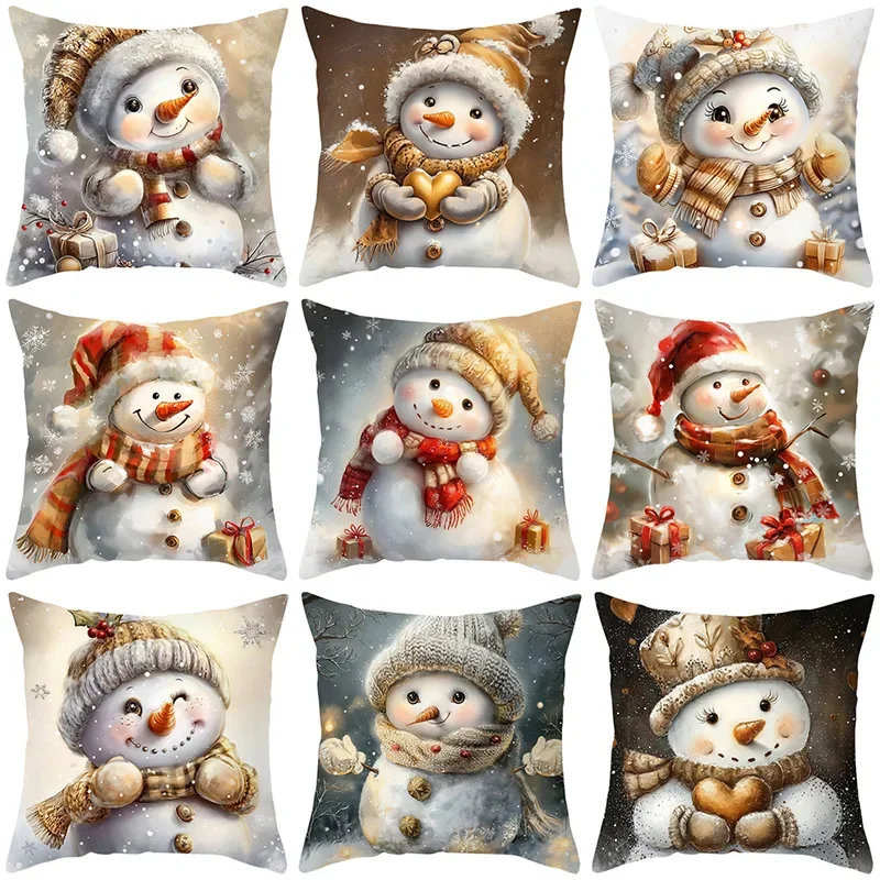 Christmas Snowman Printed Cushion Cover Sofa Decorative Pillow Cover New Year Pillowcase Home Decor