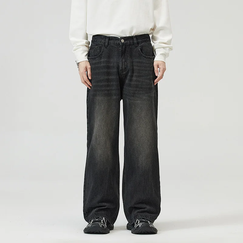 

European American Style Four Seasons Straight- Semi-Elastic Waist Jeans Men and Women Washed Retro Wide-Leg Long Pant