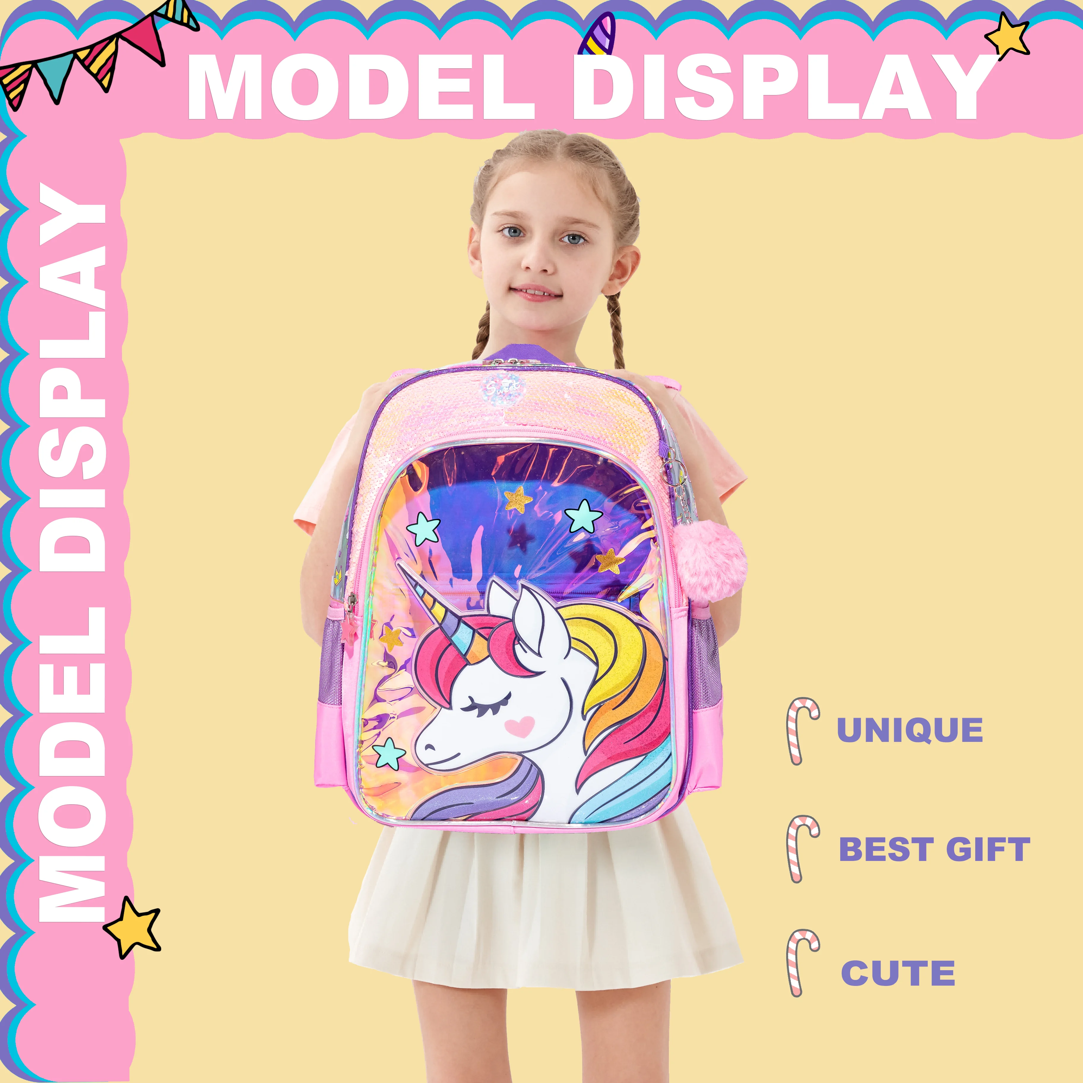 Mochilas escolares Unicorn para meninas adolescentes, Mochila com lancheira, Estojo para lápis, Mochila primária elementar