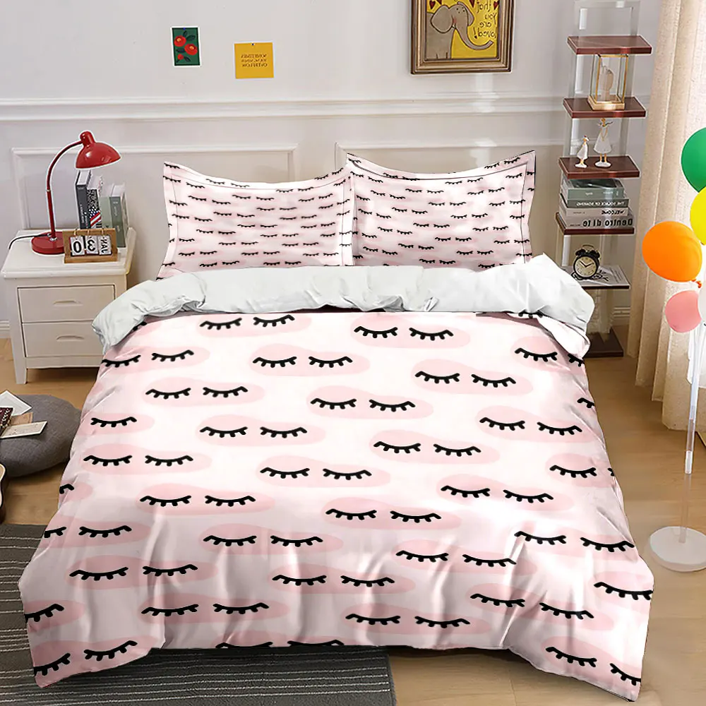 Pink background with repeated closed eyes Duvet Cover Set with 3D Printing Design Soft Polyester Bedding Set All-Season Comfort
