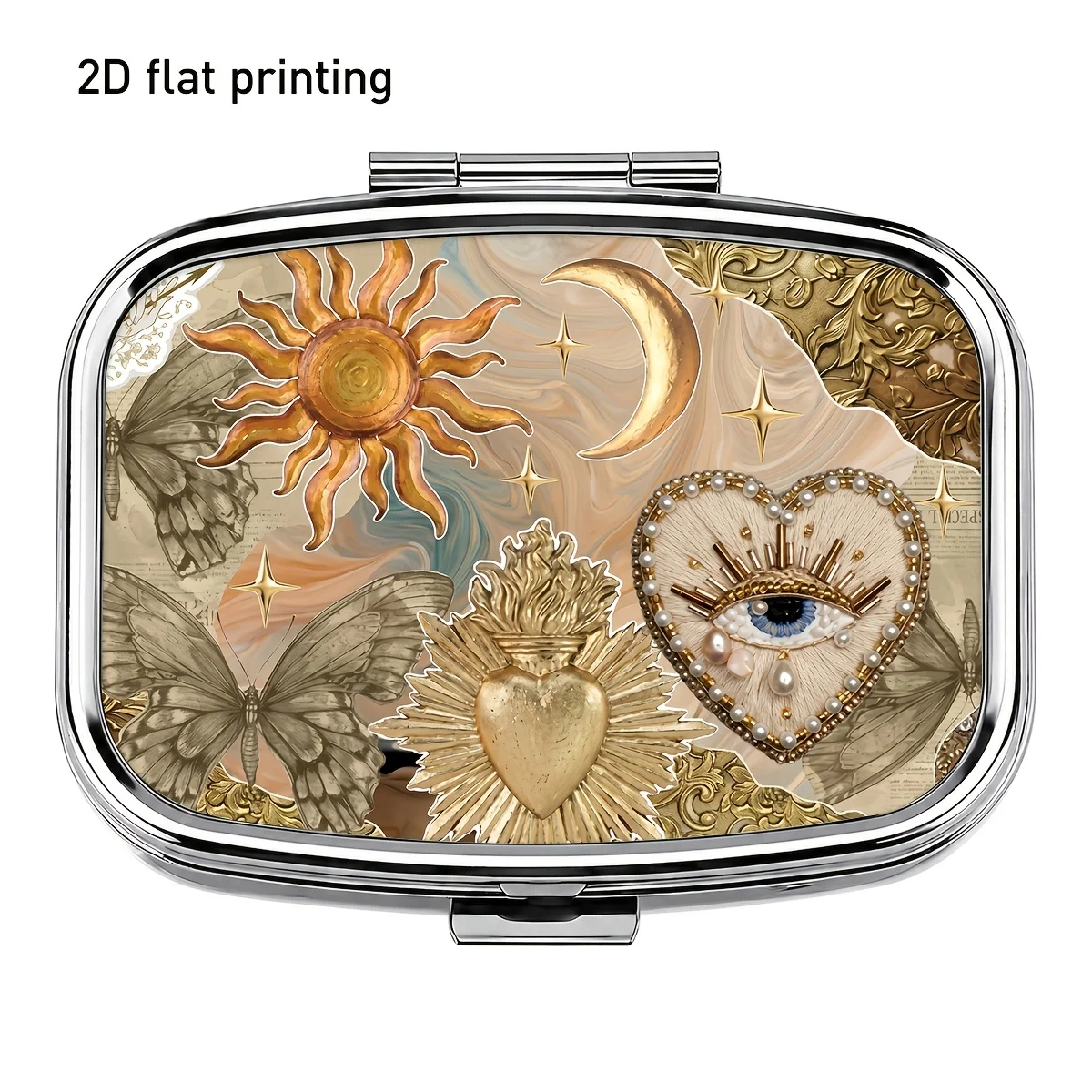 1Pc, Flat Printing, Romantic Sun and Moon Classical Pattern Square Metal Portable Pill Box, Two-Compartment Organizer for Small Items, Suitable for Pills, Vitamins, Earrings, Rings, Compact Size, Easy to Store in Travel Bags