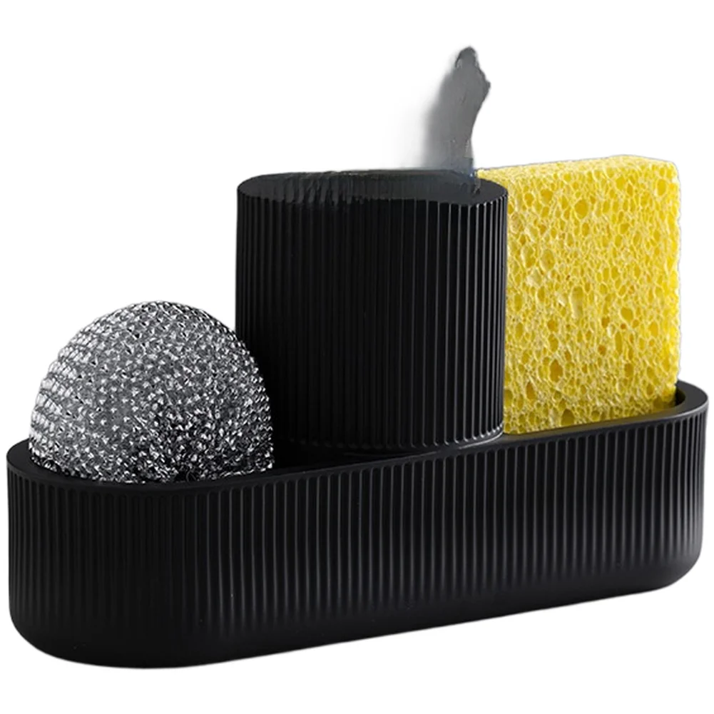 Dish Soap Dispenser Black Resin 280ml with Sponge Holder and Brush Set Designed for Kitchen Sink Use 22x8x16cm
