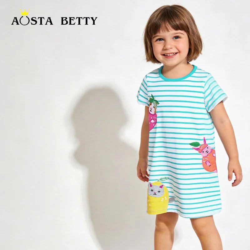 

26New Summer Girls' Dress with Stripes, Children's Princess Dress with Animal Embroidery, Short-Sleeved Kids' Dress for Wholesal