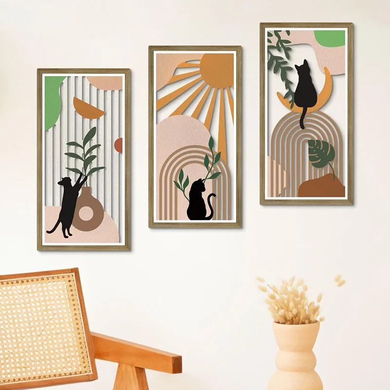 3PCS Bohemian Abstract Wooden Wall Hanging with Rainbow Plant Cutouts Handmade Artwork for Living Room Bedroom and Office Decor