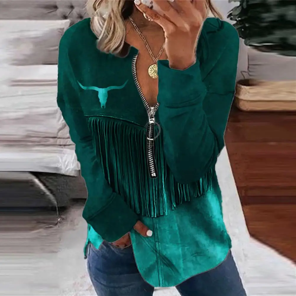 

Front Zipper Shirt Female Sweatshirt Chic V-neck Tassel Print Women's Sweatshirt Blouses with Front Zipper Casual for Everyday
