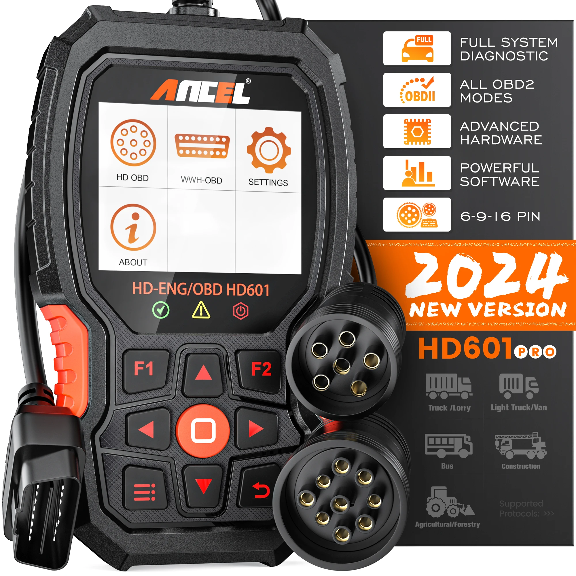 

ANCEL HD601 Heavy Duty Truck Scanner HD OBD All System Diesel Scan Tool Engine ABS ECU Reset for John Deere Peterbilt Paccar