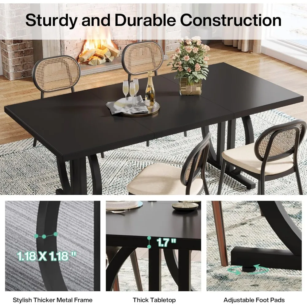 63 Inch Large Rectangular Kitchen Table with Geometric Legs, Unique Dining Table Kitchen and Dining Room Furniture