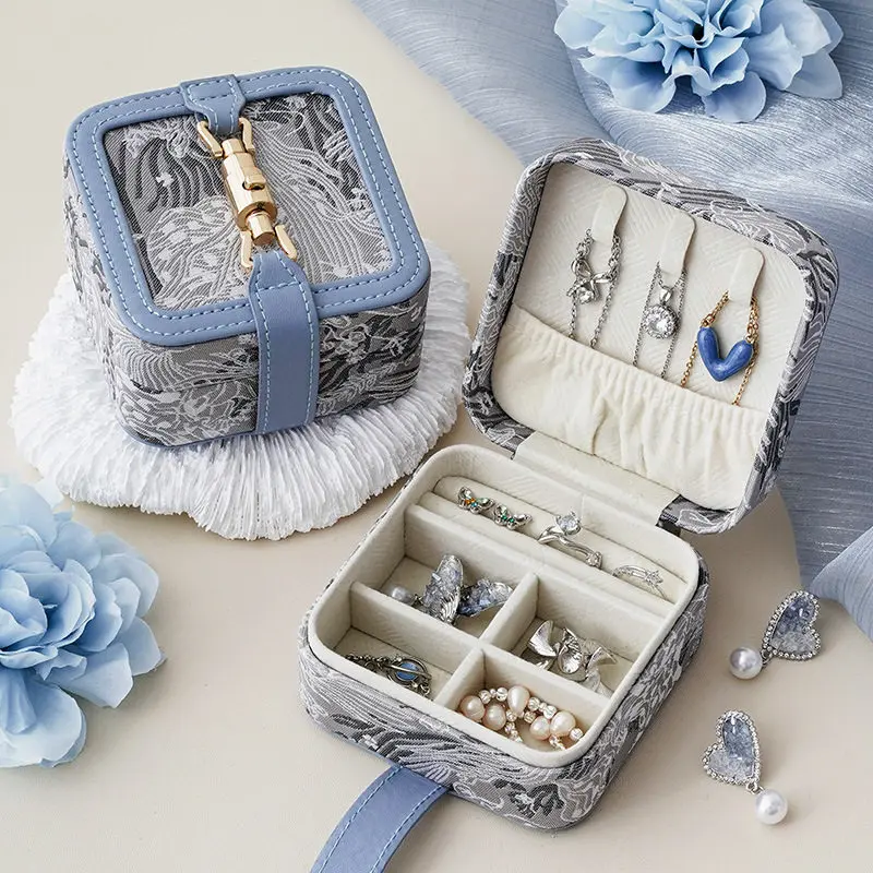 Retro Jacquard Head Jewelry Box Travel Small Portable Jewelry Box Double Layer High-end Earrings Ring Lipstick Storage Box