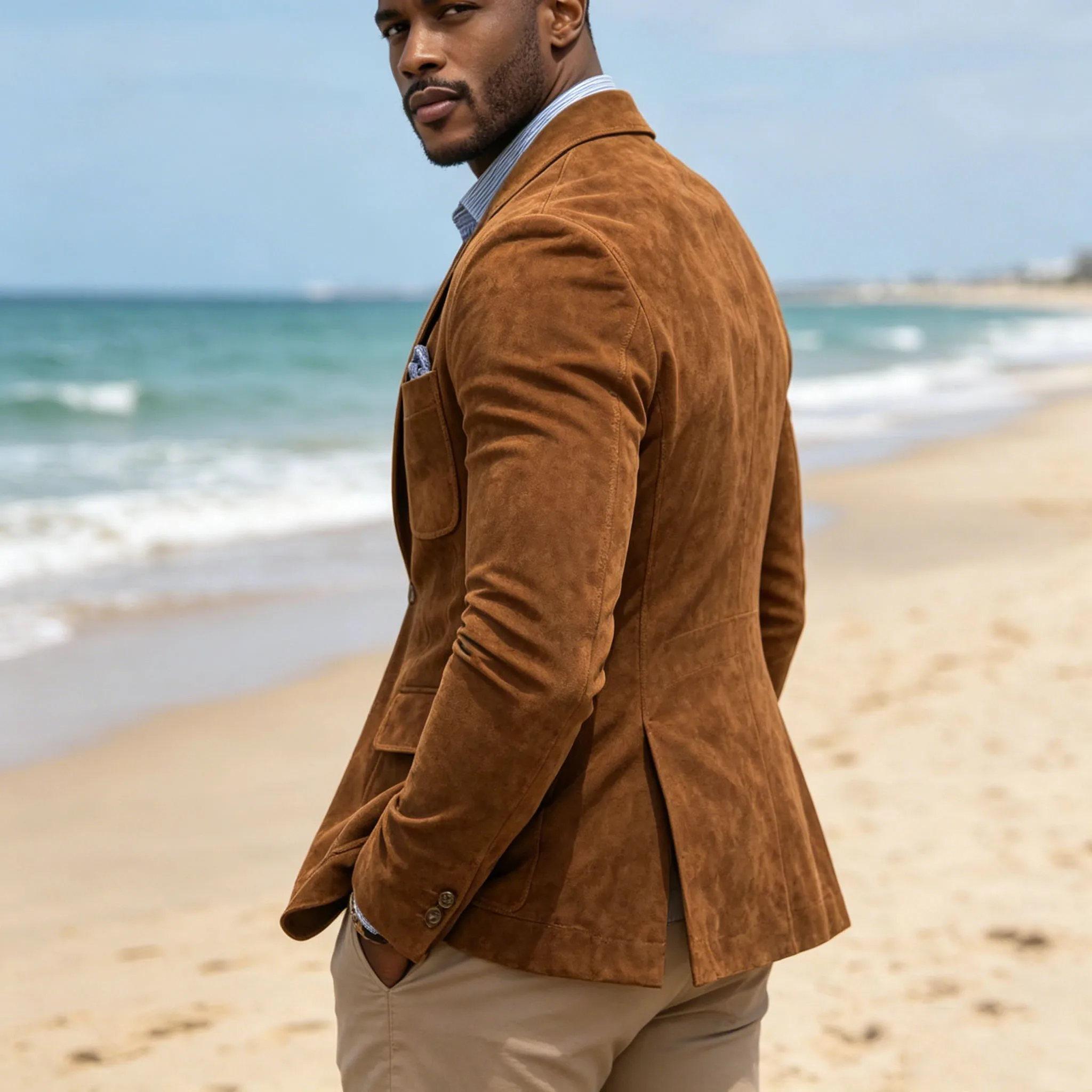Men's Suede Brown Blazer Vintage Slim Fit Notched Lapel Formal Jacket High Quality Flap Pocket Sport Coat For Business Casual 6