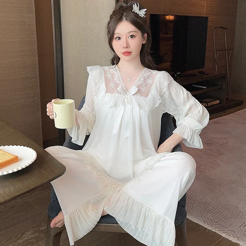 White Pajama Sets Women Padded Sleepwear Home Gentle Spring Autumn Lace Design Aesthetic Korean Fashion Lounge Casual Females