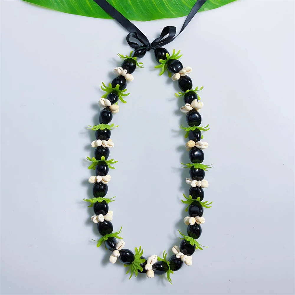 Hete Verkoop Populaire Hawaiiaanse Kukui Noot Shell Lei Met Cowrie Shell Groen Blad Hula Dansbenodigdheden Ketting 80Cm Snelle Verzending