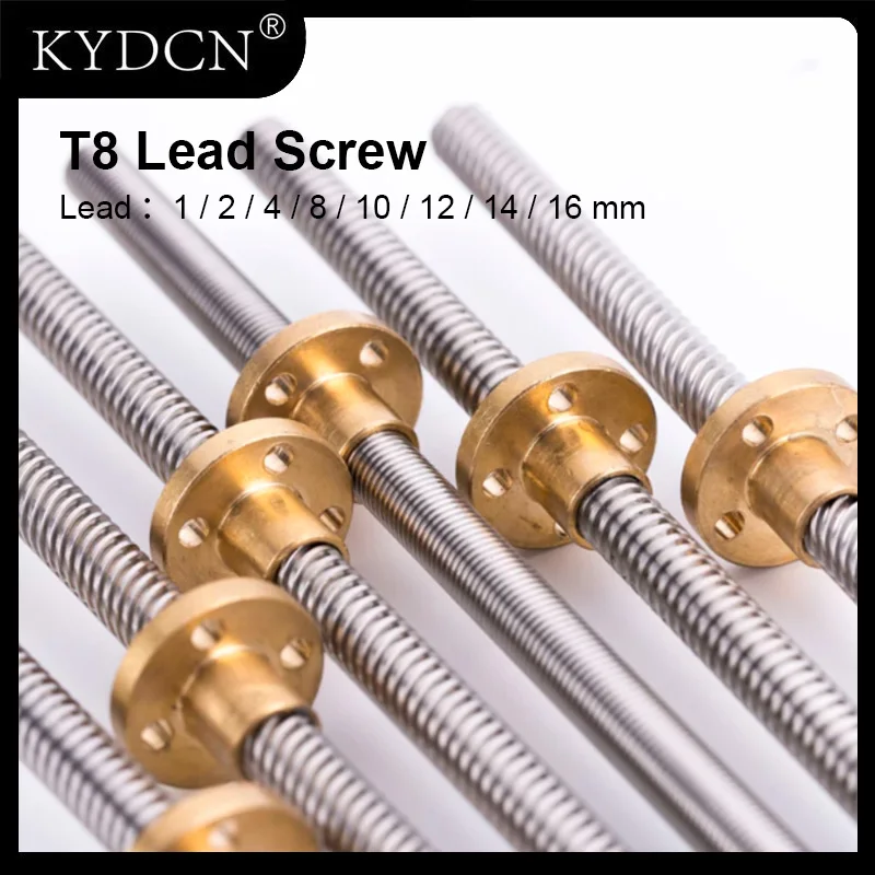 T8 Lead Screw Stainless Steel Trapezoidal Screw 1000mm With Brass Flange Nut Lead 1/2/4/8/10/12/14/16mm For 3D Printer CNC Parts