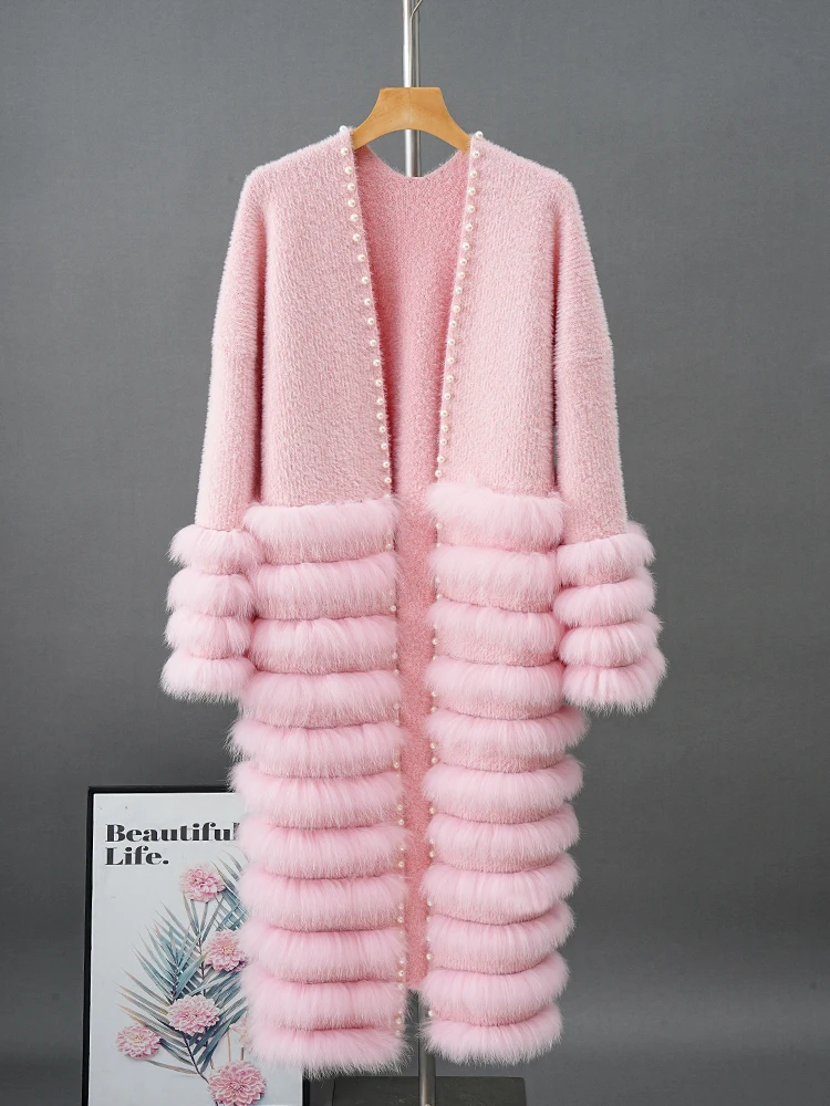 

Fur CoatNew Fox Fur Patchwork Beaded Sweater Jacket For Women's Mid Length Loose And Lazy Style Knitted Cardigan Fur