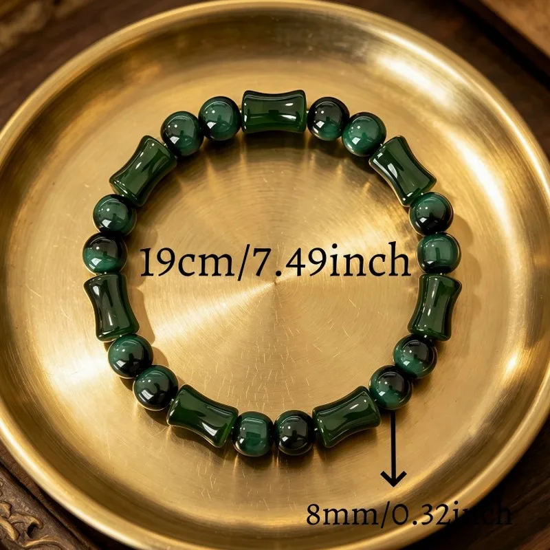 Retro Green Tiger Eye Beaded Bracelet Green Bamboo Segment Elegant Handmade Jewelry Gift for Women Unisex