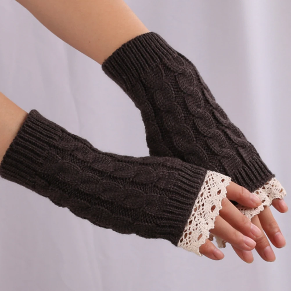 

Women'S Winter Warm Knitted Arm Warmers Long Fingerless Gloves Crochet Lace Mittens Thumb Hole Soft Comfortable Gift Wine Red