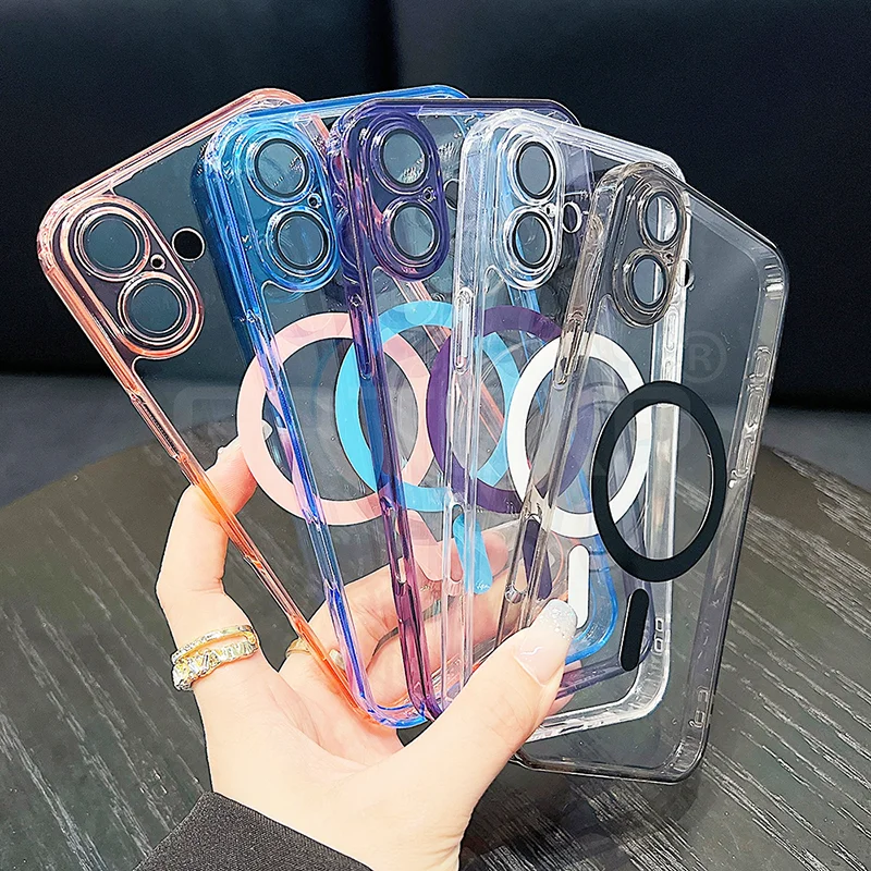 

Прозрачный роскошный магнитный чехол Magsafe для iPhone 17, Air 16, 15, 14, 13, 12, 11 Pro Max Plus, гибридный жесткий мягкий чехол из ТПУ ярких цветов