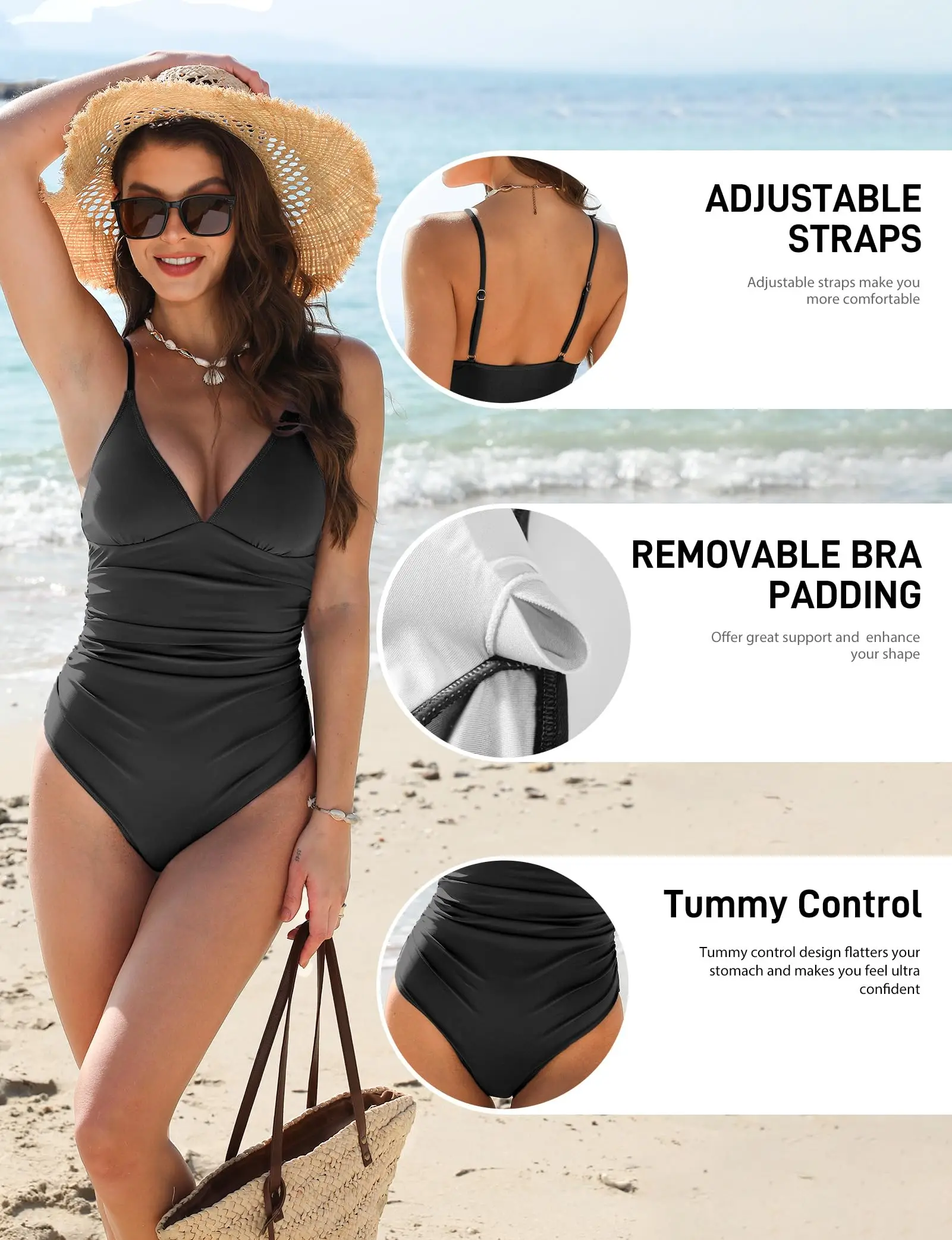 Trajes de baño de una pieza para mujer, control de barriga, push up, trajes de baño envolventes con cuello en V, recorte, lazo en la espalda, traje de baño adelgazante