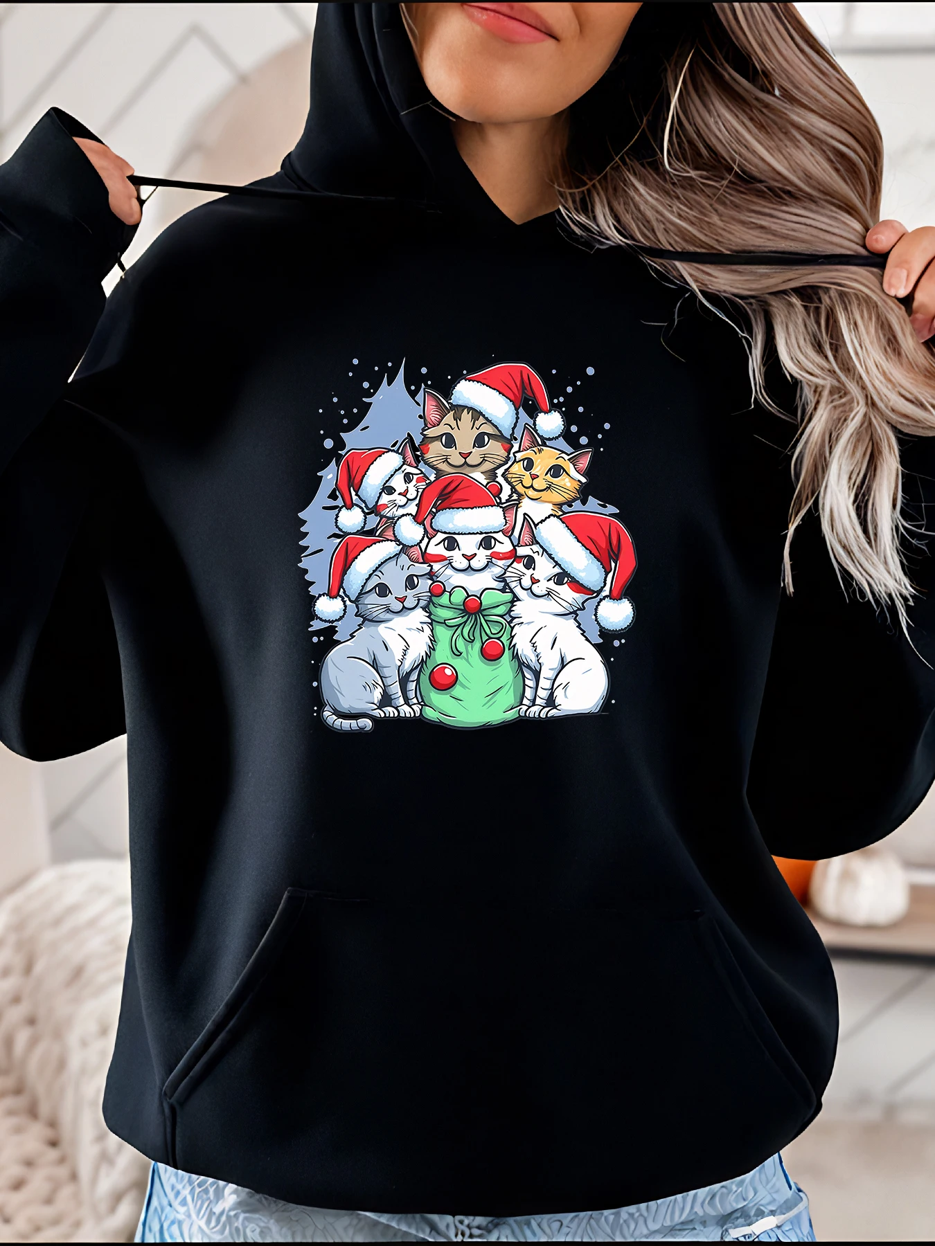

Рождественская толстовка с принтом кошек и Санта-Клауса, женская повседневная зимняя толстовка, праздничный дизайн с животными для праздника, сезон 280