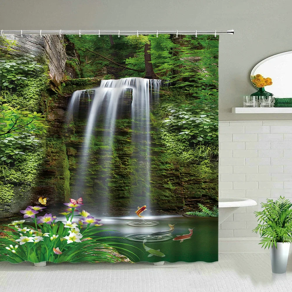 Forest Landscape Shower Curtains Tree Waterfall Mount Fuji Scenery Polyester Cloth Bathroom Curtain Set Bathtub Decor With Hooks