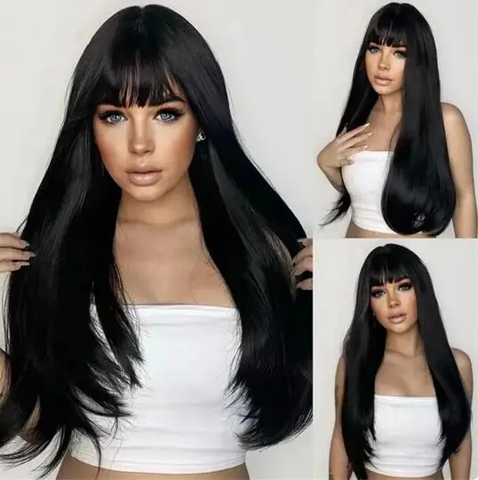 New selling wig female black long hair with bangs shaggy face wig synthetic fiber high temperature silk mechanism head cover