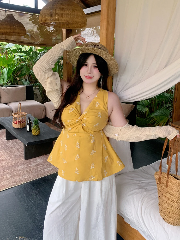 

Женский топ без рукавов с V-образным вырезом и узлом, плиссированные брюки больших размеров с широкими штанинами, в ретро-стиле, для повседневной носки, с высокой талией, укороченные (7/8)